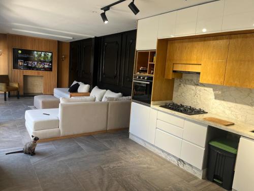 a living room with a couch and a cat in a kitchen at Escape Villa City center pool 3 bedrooms in Oulad Akkou