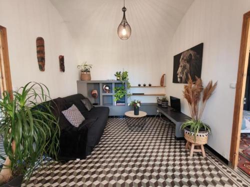 un salon avec un canapé et des plantes en pot dans l'établissement Location appartement, à Saint-Paul-le-Jeune