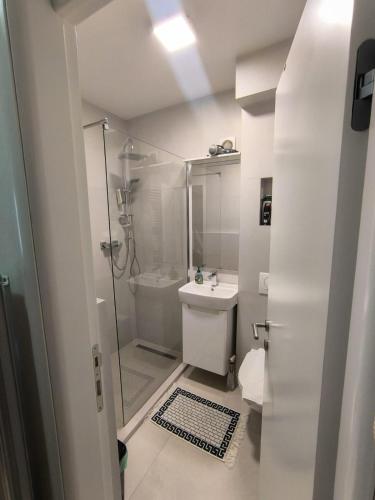 Un baño con ducha, inodoro y lavabo. en Esma 2, en Bihać