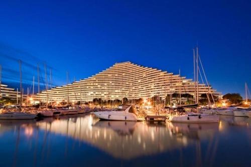 un grand bâtiment avec des bateaux dans un port de plaisance la nuit dans l'établissement Appartement cosy bord de mer, à Villeneuve-Loubet