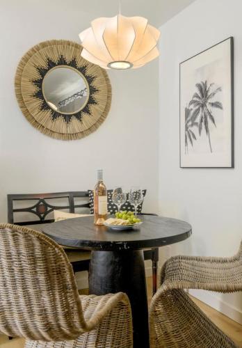 a dining room table with a mirror and chairs at Private Balcony and Coastal Escape in Summerland
