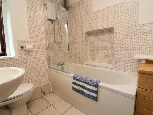 a bathroom with a tub and a toilet and a sink at Linhay in Bude