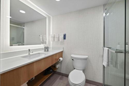a bathroom with a toilet and a sink and a shower at Fairfield Inn & Suites Oakland Hayward in Hayward