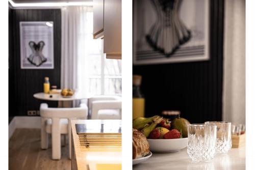 two pictures of a kitchen with a table with a bowl of fruit at Divine Couture - Suite Vivienne in Carrières-sur-Seine