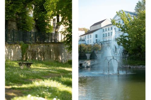 two pictures of a river with a building and a fountain at Divine Couture - Suite Vivienne in Carrières-sur-Seine