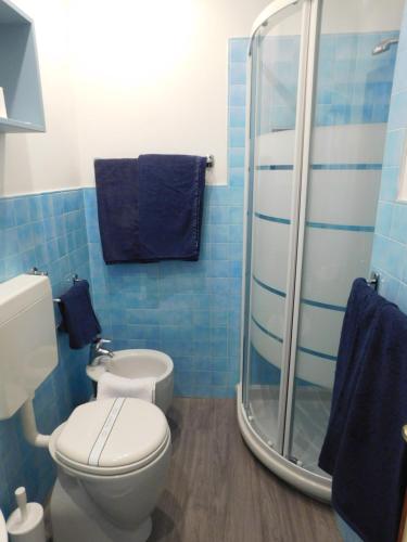 a blue tiled bathroom with a toilet and a shower at Hotel Oceano in Marina di Pietrasanta