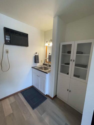 a small kitchen with a sink and a counter top at Unit 4 - Stand Rock Studios in Wisconsin Dells