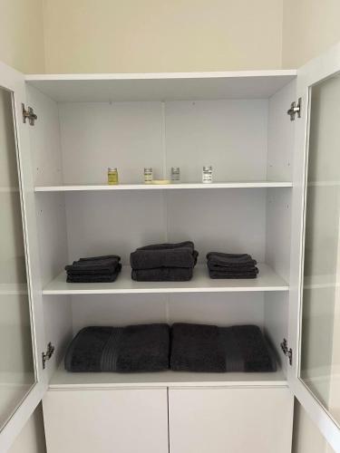 a white closet with white shelves and towels at Unit 8 - Stand Rock Studios in Wisconsin Dells