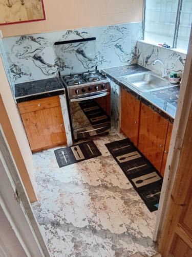 a kitchen with a stove and a sink at River view in Linstead