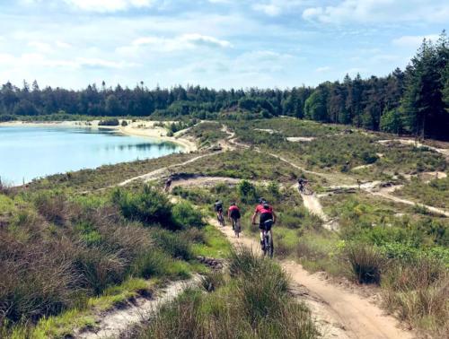 a group of people riding bikes on a trail near a lake at Chalet Zomerdroom Gasselte in Gasselte