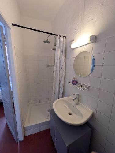 une salle de bain blanche avec un lavabo et une douche dans l'établissement Les nuitees arlesiennes, à Arles