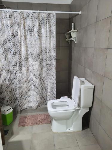 a bathroom with a toilet and a shower curtain at Casona Villa General Savio in Villa General Savio