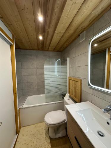une salle de bain avec toilettes, baignoire et lavabo dans l'établissement Appartement station de ski la plagne, à La Plagne Tarentaise