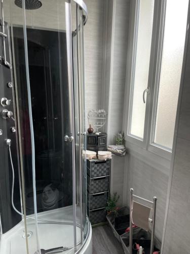 a shower stall in a bathroom with a window at Agréable maison de ville in LʼAigle