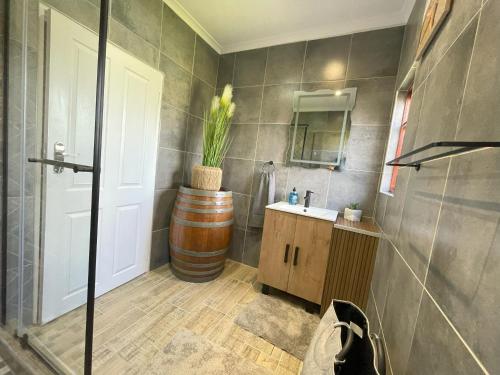 a bathroom with a toilet and a sink and a barrel at FIG TREE HOUSE Entire holiday home, self catering, 4 bedroom, 2 bathroom, deck and garden in Durban