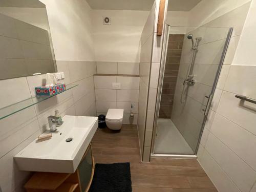 ein Badezimmer mit Dusche, Waschbecken und Toilette in der Unterkunft Haus Boddenruh Ferienwohnung Holz in Wiek auf Rügen 