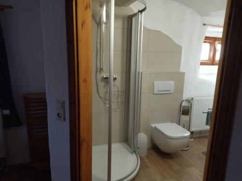 a bathroom with a toilet and a glass shower at Ferienwohnung Alte Schmiede in Beilngries