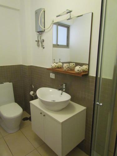 a bathroom with a sink and a toilet and a mirror at Apartamento T1 - Hotel Las Rochas in Mindelo