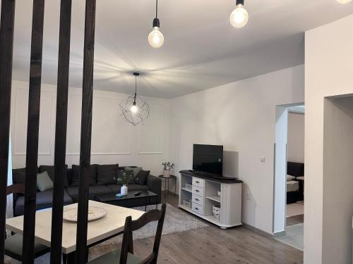 a living room with a couch and a table and a tv at W Apartments in Kotor