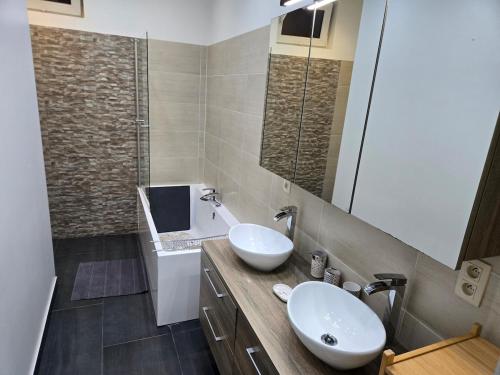a bathroom with two sinks and a large mirror at Yaël House in Brussels