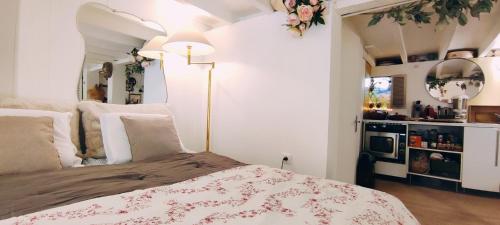 Posteľ alebo postele v izbe v ubytovaní PARIS AUTHENTIC HOUSE studio with green courtyard 12 rue labourse Gentilly 94250