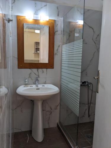 a bathroom with a sink and a glass shower at Pension Irene in Sougia
