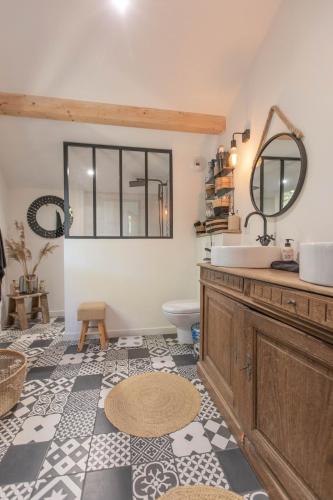 une salle de bain avec un lavabo, des toilettes et un miroir dans l'établissement Modern Villa Close to Beach, à Tarnos