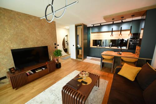 a living room with a couch and a tv at Apartman Milja in Požega
