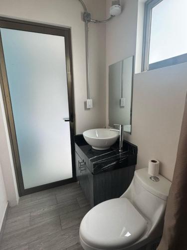 a bathroom with a toilet and a sink at Loft en el corazón de Orizaba in Orizaba