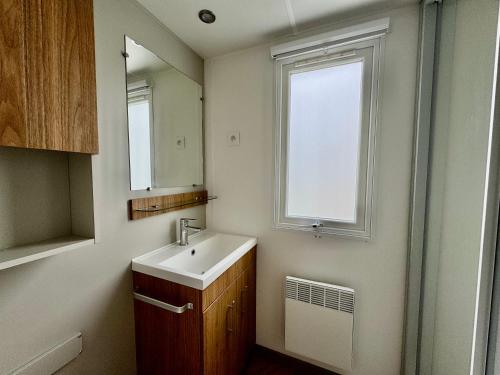 une salle de bain avec un lavabo et une fenêtre dans l'établissement Les viviers jours de rêves, à Lège-Cap-Ferret