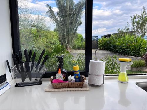 a kitchen counter with a sink and a window at Casa Río Quindío in La Tebaida