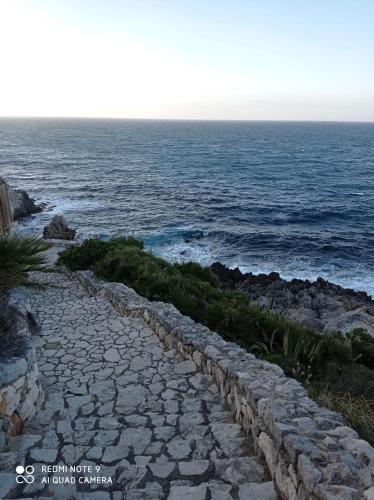 a stone path next to the ocean with the horizon at Case Nereidi 2 in Porticello