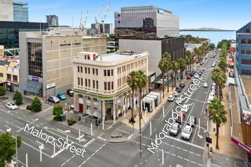 an aerial view of a city street with buildings at 53 Malop by Regional Escapes in Geelong