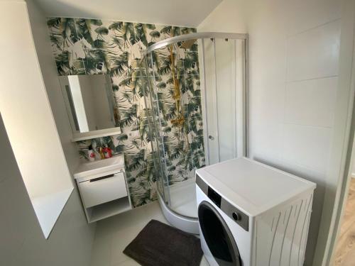 een kleine badkamer met een douche en een toilet bij Old Town Quiet Rooftop Studio Apartment in Rīga