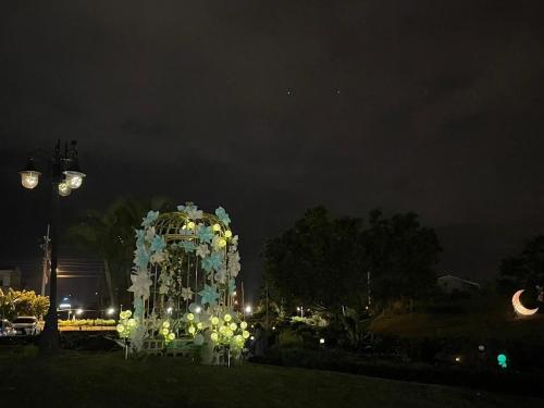 a large blue and white structure in a park at night at Hualien Toongmao Resort in Jian