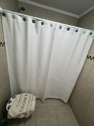 Una ducha con una cortina de ducha blanca en un baño. en Depto Los Troncos, en Tandil