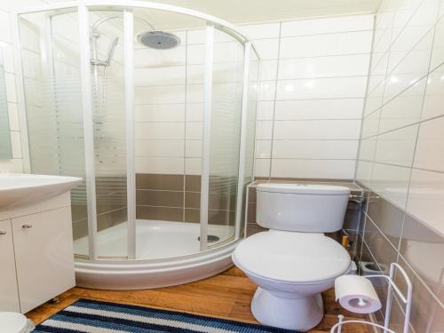 a bathroom with a toilet and a shower at Country House near Coo Waterfalls with Jacuzzi in Stoumont