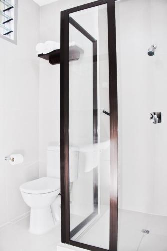 ナンディにあるホテル オアシスのトイレとガラスのシャワー付きのバスルーム