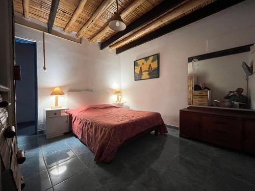 BombisoにあるPlaya El Silencio House Facing the Seaのベッドルーム1室(赤いベッドカバー、鏡付)
