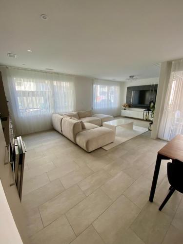 a large living room with a couch and a television at Moderne Wohnung mit Einrichtung in Muttenz