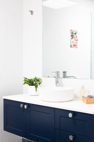 a bathroom with a blue sink and a mirror at Mingara Park Cottage in Scotsburn