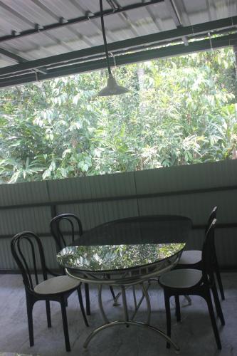 une table et des chaises en verre sur la terrasse dans l'établissement Ferns n' Falls, à Chinnakanal
