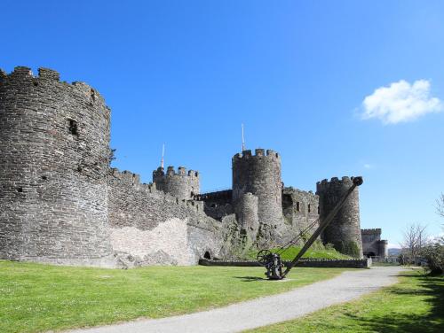 a large castle with turrets on a grass field at The Old Coach House in Conwy