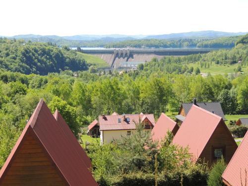 a view of a village with houses and trees at Domki nad Soliną CZARNY KOT 509-797-777 in Solina