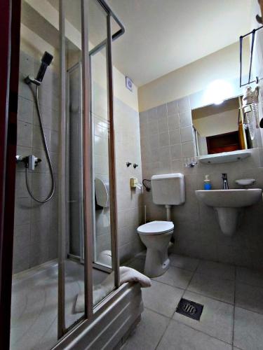 a bathroom with a shower and a toilet and a sink at Átrium Hotel Harkány in Harkány
