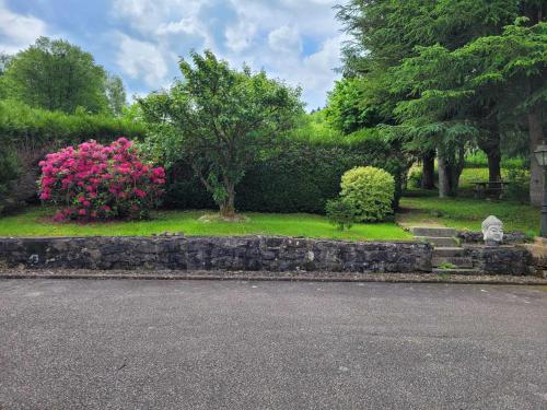 a garden with pink flowers and a stone wall at Gîte Forêt Vosgienne gitesdes2vallées in Saint-Maurice-sur-Moselle