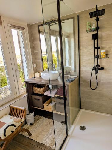 une salle de bain avec un lavabo et une douche en verre dans l'établissement NIGHT & DAY, à Honfleur