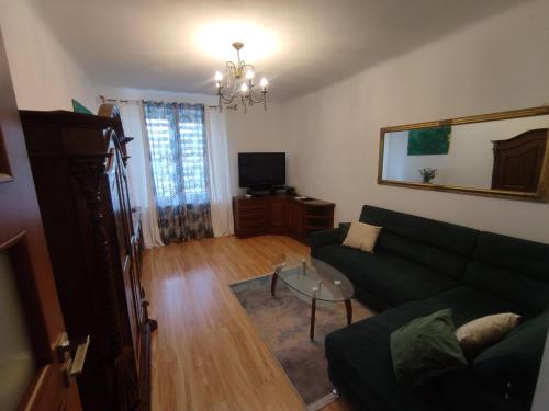 a living room with a couch and a tv at Apartament Norwida in Skarżysko-Kamienna
