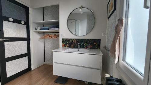 een badkamer met een witte wastafel en een spiegel bij Maison proche centre ville et circuit avec jardin in Le Mans