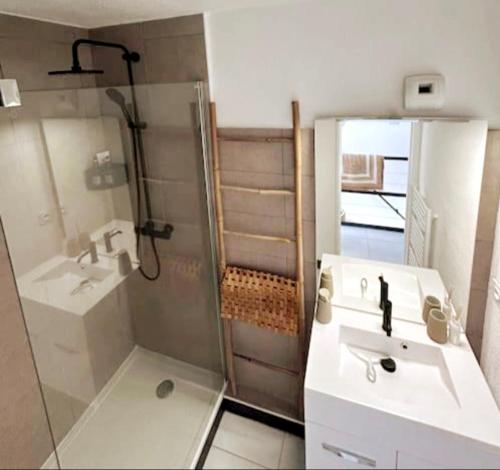 une salle de bain avec une douche, un lavabo et un miroir dans l'établissement Cocon vue mer sur Presqu'île, à Hyères